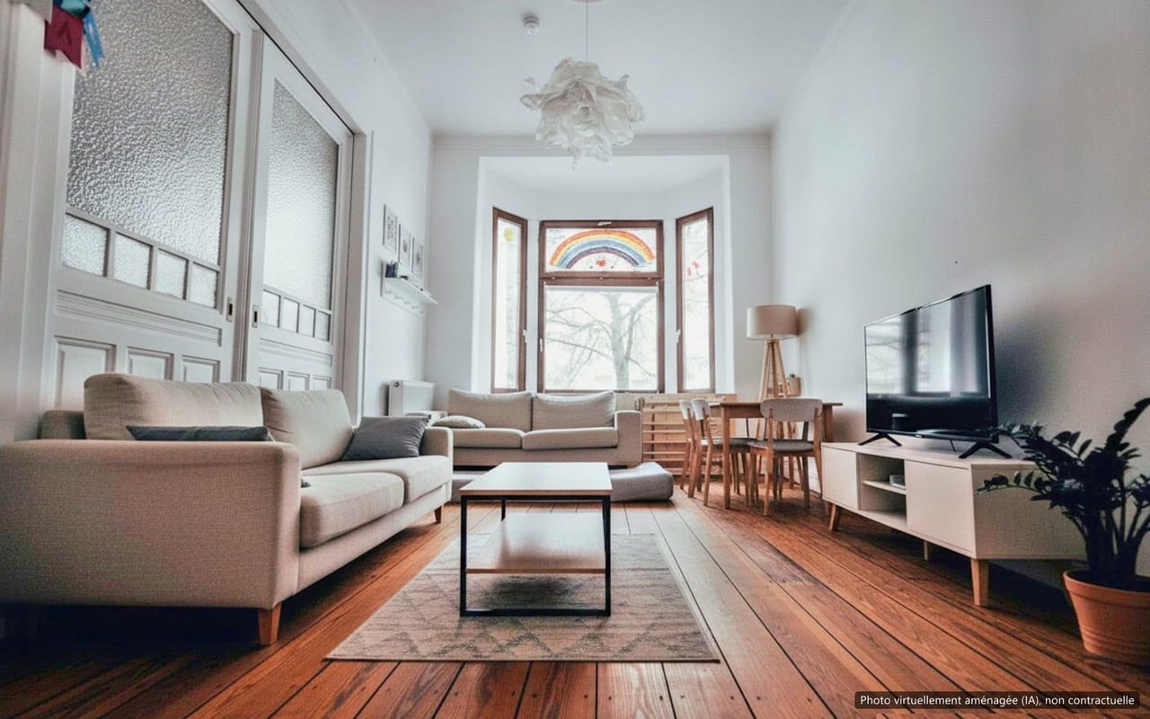 Salon encombré, désencombré et modernisé (IA) : après