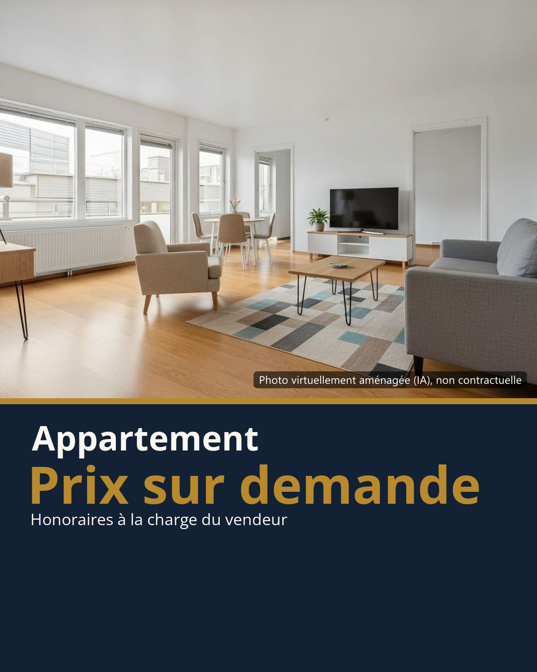 Exemple de visuel de couverture : un salon meublé virtuellement (IA), le type de bien et « Prix sur demande »